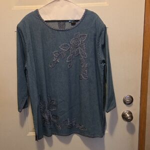 Maurada Denim Embroidered Tunic Top And Skirt in Blue